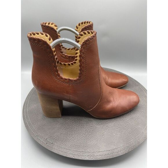 Lucky Brand Boots Womens 10 Sivya Brown Leather Cutout Heeled Ankle Slip On - Picture 1 of 8